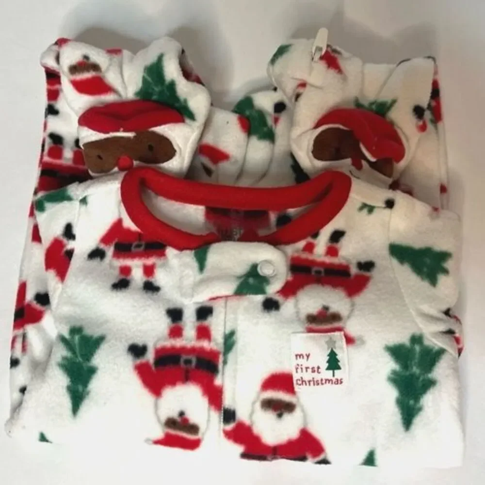 Carters My First Christmas Brown Santa Fleece Baby One-Piece Size NB New!